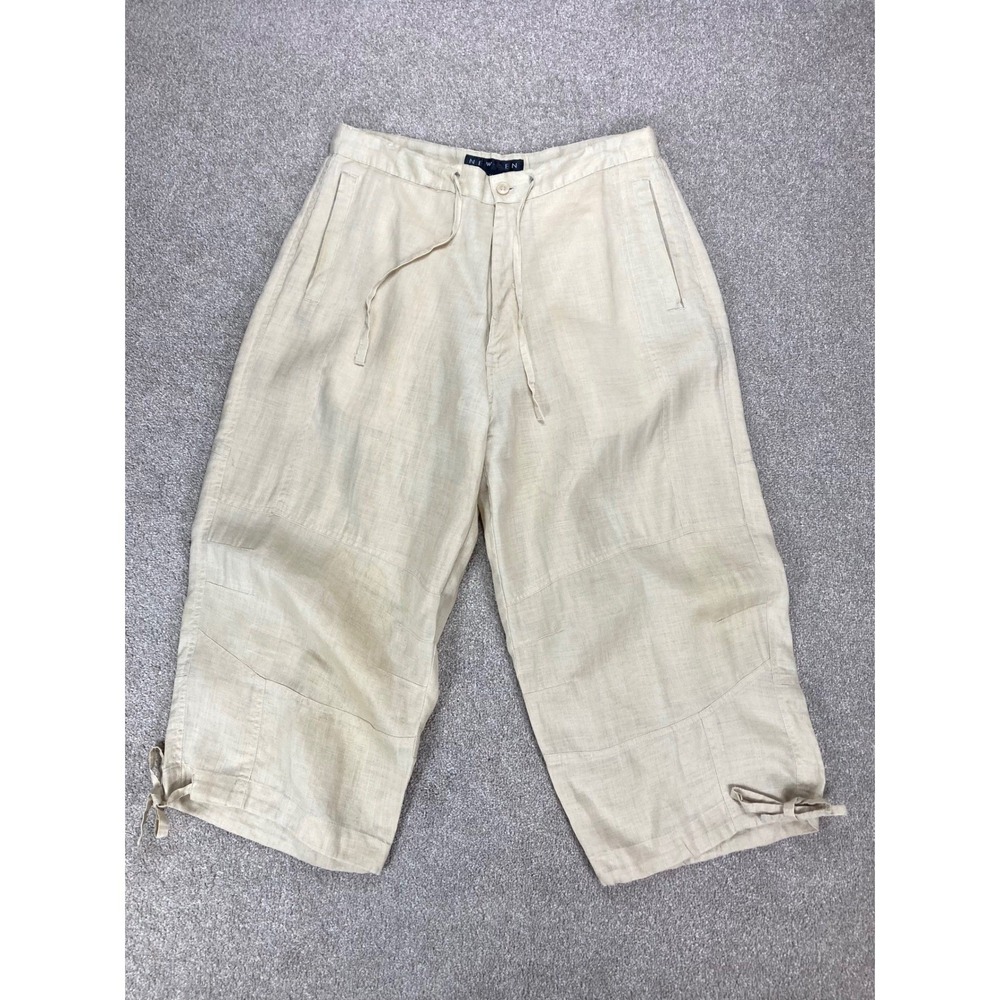 New Gen 100% Linen Wide Leg Crop Pants Women M Beige Drawstring Tie Hem Earthy